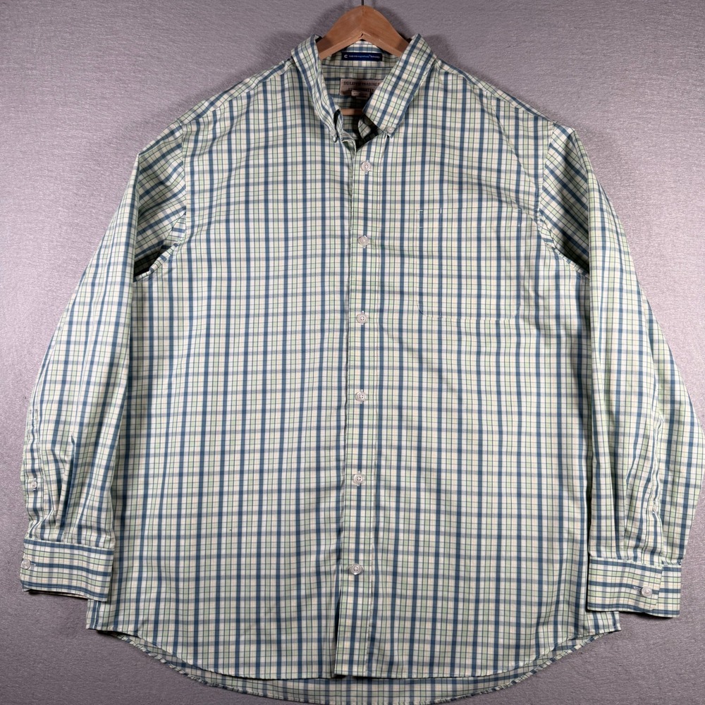 Duluth Trading Co Wrinklefighter Plaid Shirt Men XL Relaxed Fit Blue Green 74266